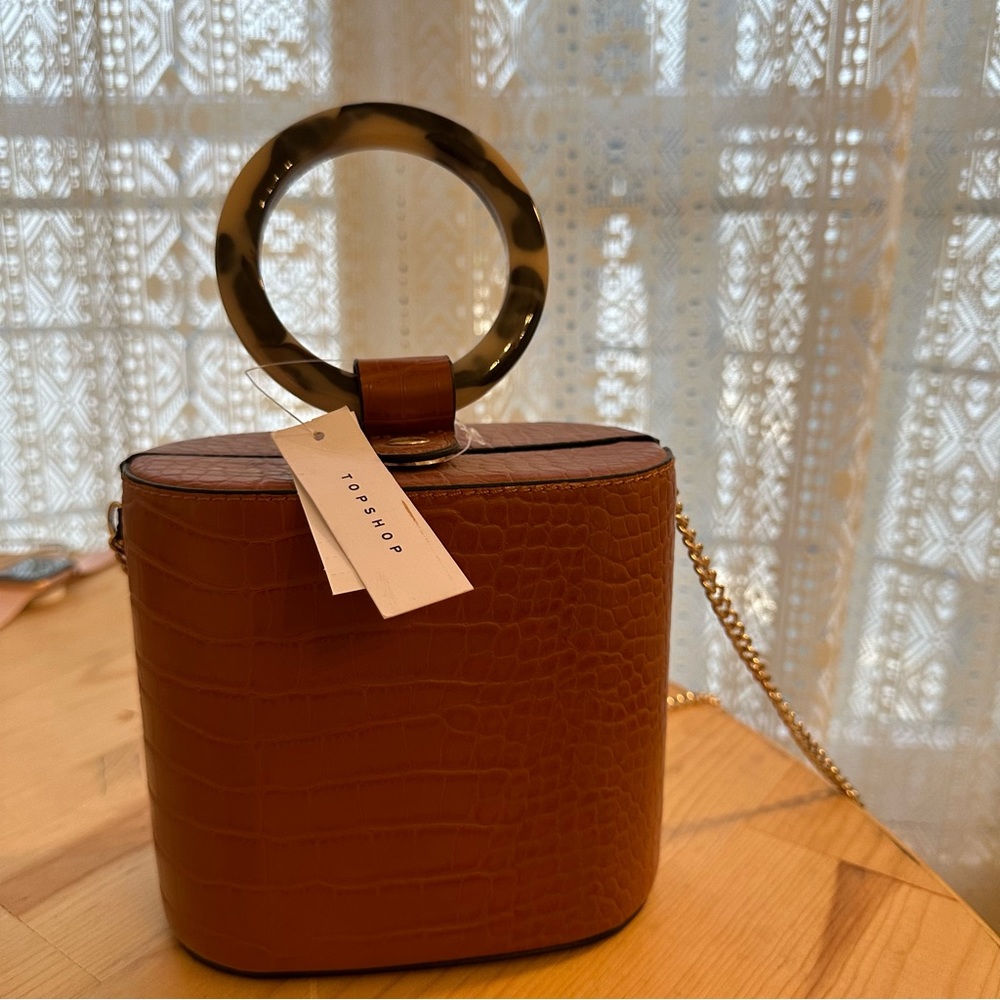 Topshop Brown Faux Snakeskin Bucket Bag with chain